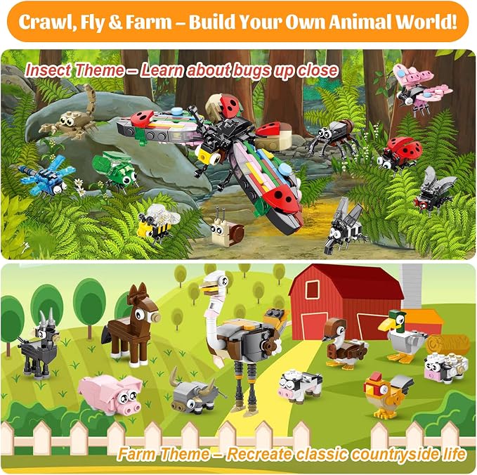40 Packs Party Favors for Kids – 999+ PCS Animal Building Blocks, 4 Themes: Ocean Birds Insects Farm – DIY Toys for Boys Girls Ages 6-12, Goodie Bag Stuffers, Classroom Prizes, Easter Basket Stuffers