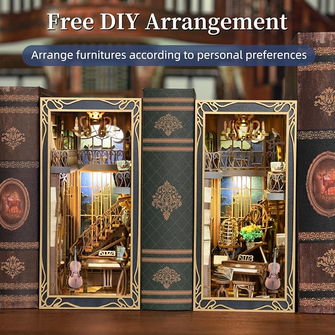 MiniCity DIY Book Nook Kit for Adults, 3D Wooden Puzzle Bookend Bookshelf Insert Decor with LED Light and Dust Cover (Pianist with Nightingale)