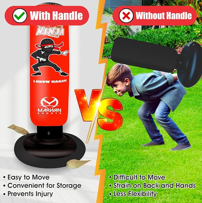 Marwan Sports Ninja Kids Punching Bag — Inflatable Sensory Toy & Birthday Gift for Boys & Girls Ages 4-12, 63" Freestanding 5-in-1 Kit, Indoor Apartment-Quiet Sensory-Friendly Active Play
