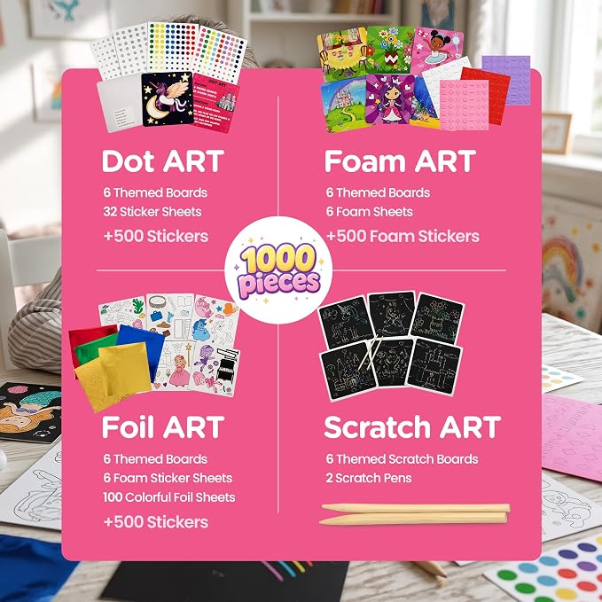 Princess 4 IN 1 Craft Box for Kids | 24 Arts & Crafts for Girls Ages 4-8 | Unicorn Toddler Art Set Craft Kits All Supplies Included | Birthday Girl Preschool Projects 3 4 5 6 7 8 Year Old Girls