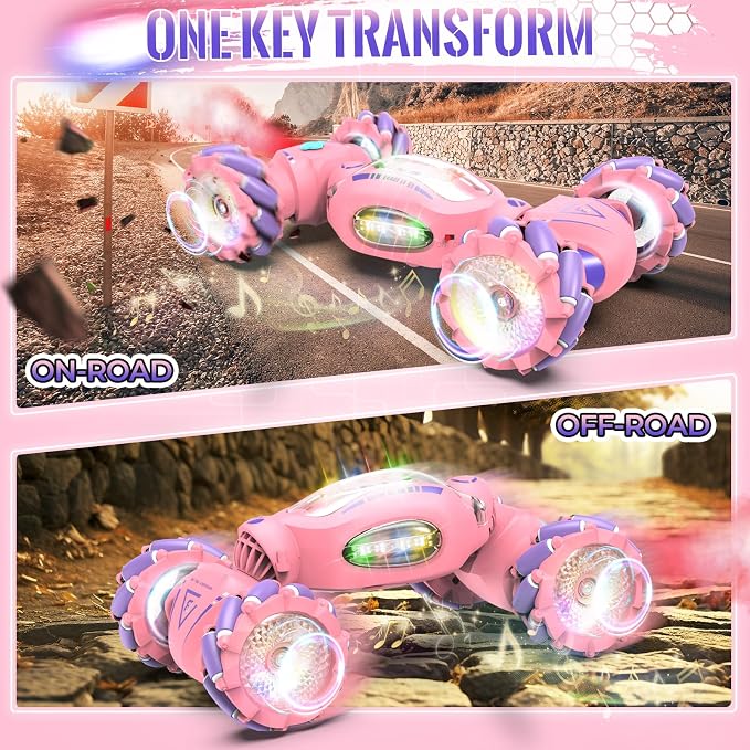 Fosgoit Pink Remote Control Car Toys Gifts for Girls 6-12, with Light & Music & Spray, 2.4Ghz 4WD Double-Sided 360° Rotating Gesture Sensing RC Stunt Car, Birthday for Girls Kids