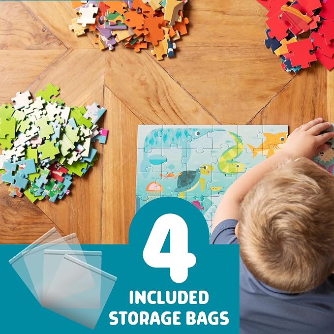 Chuckle & Roar Jigsaw Puzzle Set - 4 Pack, 48, 72 & 100 Pieces, Ages 3+ - Space, Ocean, Safari & World Map Scenes - Color Coded Backs & Storage Bags - Learning Toys for Preschool