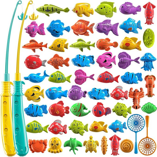 TEMI Fishing Toy Game for Kids 3 4 5 6 7 8 Years Old, 51 Fish Bath Playset for Toddlers, Toy Magnetic Rod and Fishing Net, Outdoor Water Toys for Kids Age 3-5, Party for Boy and Girl