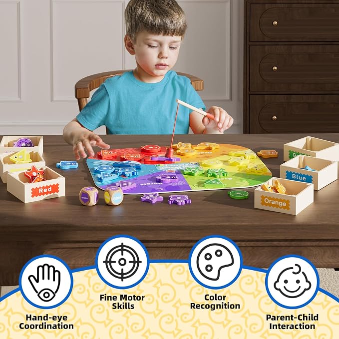 Montessori Toys for Toddlers 1-3, Magnetic Fishing Game for Kids 2-4, Color & Shape Sorter Educational Learning Toys with Wooden Box & Puzzle for Boys Girls 3-5