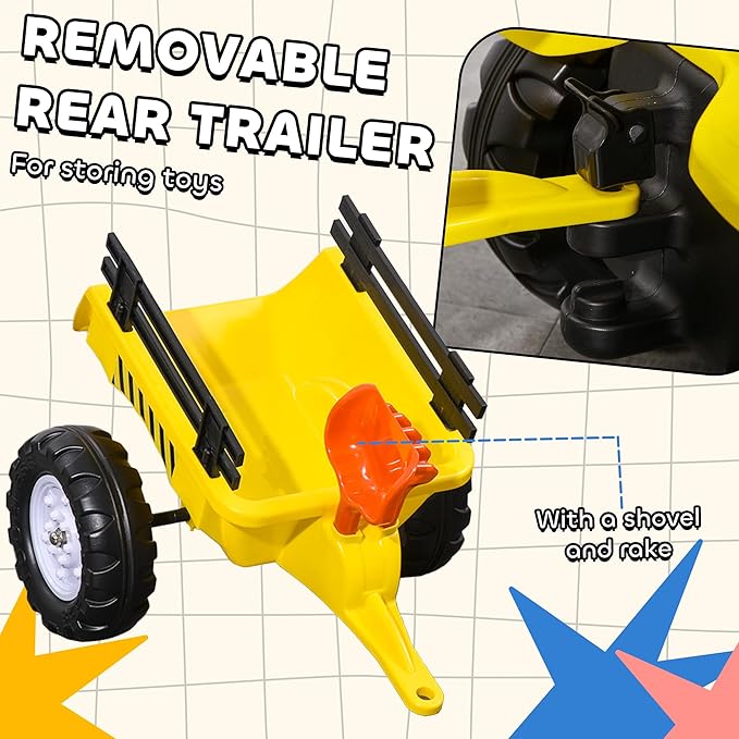 Aosom Kids Ride on Farm Tractor, Manual Pedal Ride on Car with Back Storage Trailer, Shovel & Rake, Horn for Age 3 Years Old, Yellow