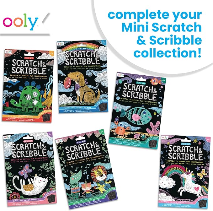Ooly Mini Scratch & Scribble Art Kit - 6 Card Rainbow Scratch Art Set Gifts for Kids, Travel-Friendly Craft Kit, Scratching Tool Included - Playful Pups