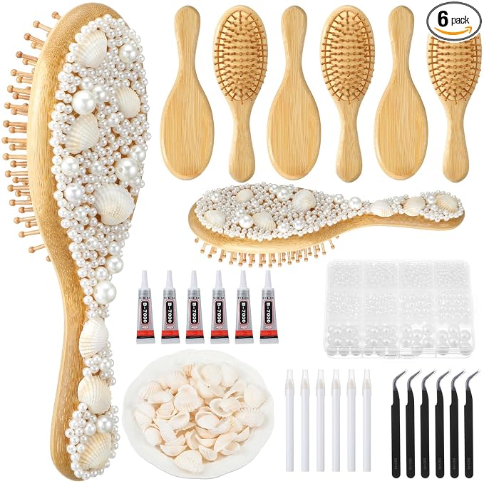 6 Sets DIY Wooden Hairbrush Craft Kit 7.87" White Hair brush Make Your Own Girls Night Party Supplies with Pearl Shell for DIY Gift Wedding Birthday Valentines Party Crafts (Oval)
