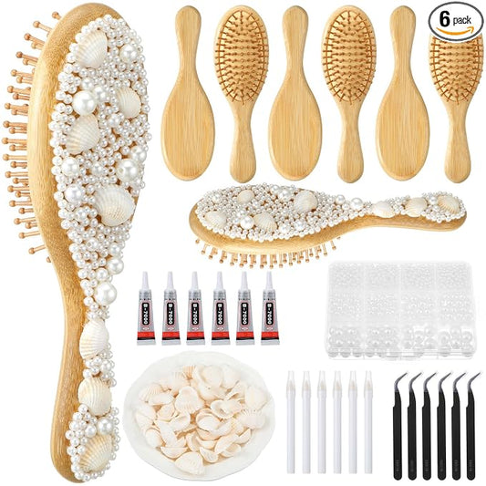 6 Sets DIY Wooden Hairbrush Craft Kit 7.87" White Hair brush Make Your Own Girls Night Party Supplies with Pearl Shell for DIY Gift Wedding Birthday Valentines Party Crafts (Oval)
