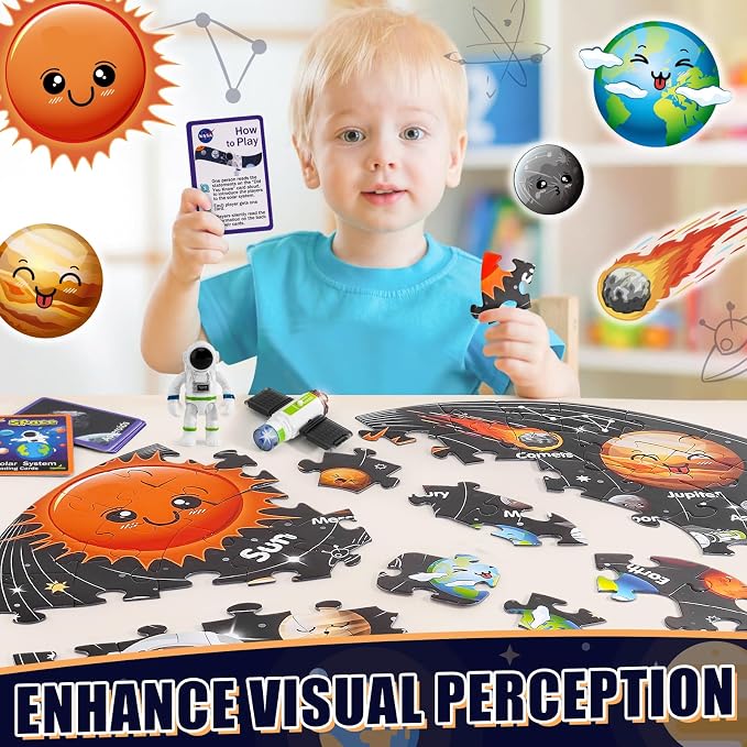 Puzzles for Kids Ages 4-6, Solar System Planets Flash Cards & Astronaut Figures & Satellite, 70 Piece Round Large Floor Jigsaw Puzzles, Educational Toy Gift for Ages 3 4 5 6 7 8 10 Year Old Boys Girls