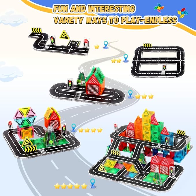 Mini Magnetic Tiles Road Track Set 56pcs – Portable STEM Travel Toy with Sturdy Metal Tin, Compatible with Major Magnetic Brands, for Kids 3 4 5+ Year Old Boys Girls