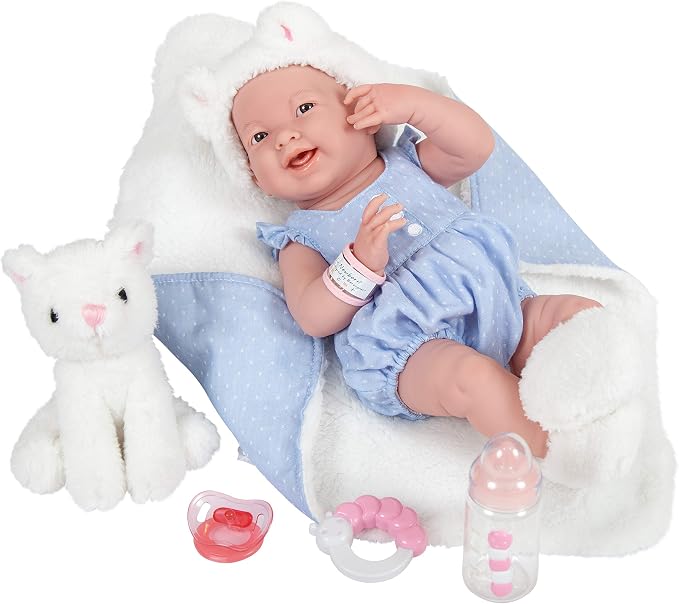 JC Toys La Newborn All-Vinyl-Anatomically Correct Real Girl 15" Baby Doll in Blue and Deluxe Accessories, Designed by Berenguer., Blue/White