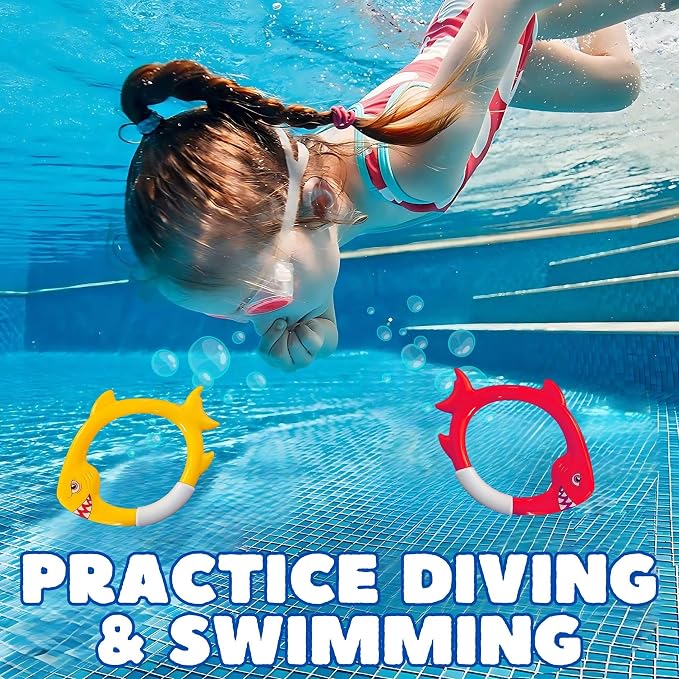 Haktoys Shark Dive Rings Pool Diving Toys for Kids, Sinking Swim Training Toys for Boys & Girls, Underwater Pool Games & Summer Fun, 4-Pack Fish Rings Set