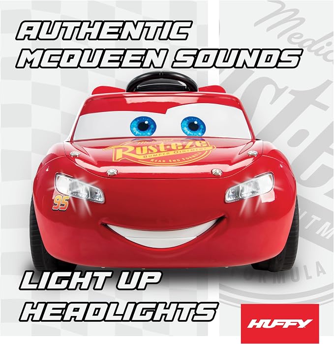 Huffy Cars Lightning McQueen 6V Ride-On Toy Car with Headlights & Engine Sounds, Foot Pedal Drive, Up to 2.5 MPH, Ages 3–7