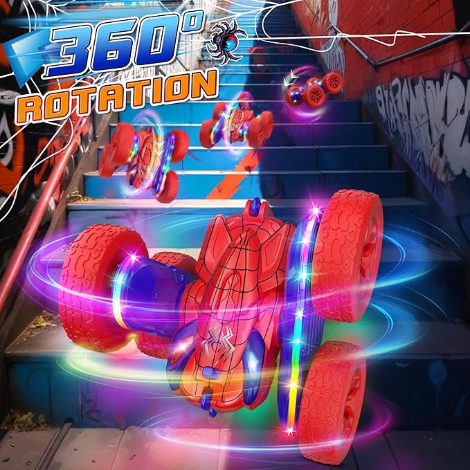 Jimdella Spider RC Cars Toys for Boys 4-6, 2.4GHz Remote Control Car with 26 LED Light System, 360° Flips, Changeable Wheels, Rechargeable All-Terrain Truck Gift for Kids Ages 4-8