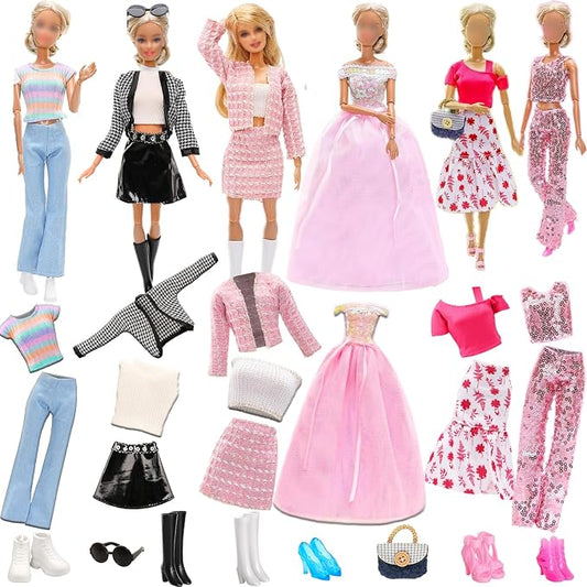21 PCS Doll Clothes & Accessories Includes 6 Fashion Outfits Chic Suits Party Gown Dress Outfit Stylish Dress Casual Clothing with 6 Pairs of Shoes Accessories,Glasses ,bag for Girl Doll Birthday Xmas