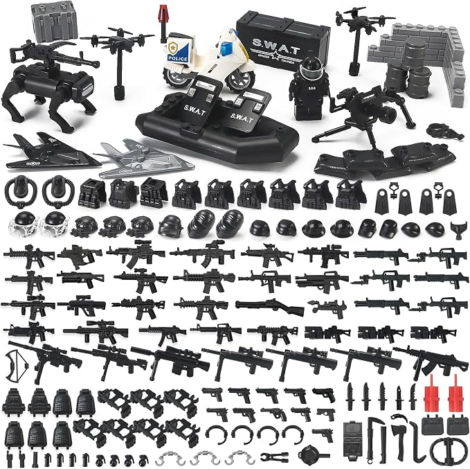 SWAT Military Weapon Pack Building Block Set City Police Accessories | Black Tactical Gear with Robot Dog Drones Inflatable Boat Motorcycle Toy Kit for Kids Ages 4+