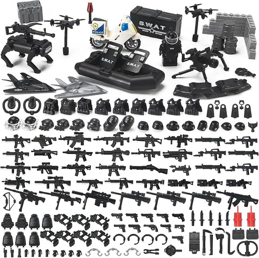 SWAT Military Weapon Pack Building Block Set City Police Accessories | Black Tactical Gear with Robot Dog Drones Inflatable Boat Motorcycle Toy Kit for Kids Ages 4+
