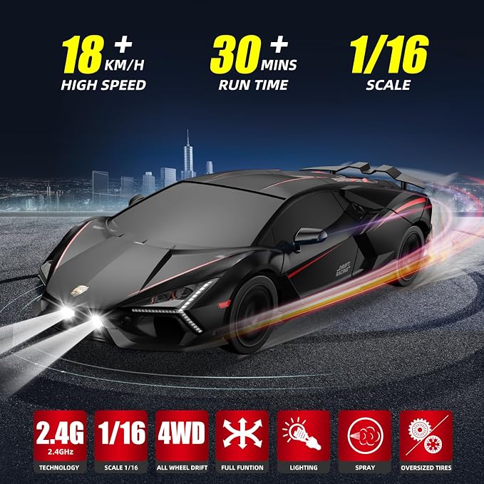 RC Drift Car, Drifting RC Car 2.4GHz 1/16 Remote Control Cars 4WD High Speed Racing Vehicle Remote Control Drifting Cars Sport Toy Cars for Adults Boys Girls Kids Black