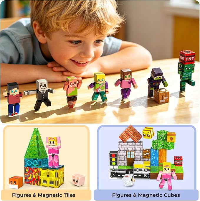 Magneverse 40 Pcs Magnetic Action Figures Playset, Magnetic Building Blocks Cubes and Rotatable Figures, School STEM Magnet Toys for Kids, Birthday Gifts for Boys Girls Ages 6+ (Patent Pending)