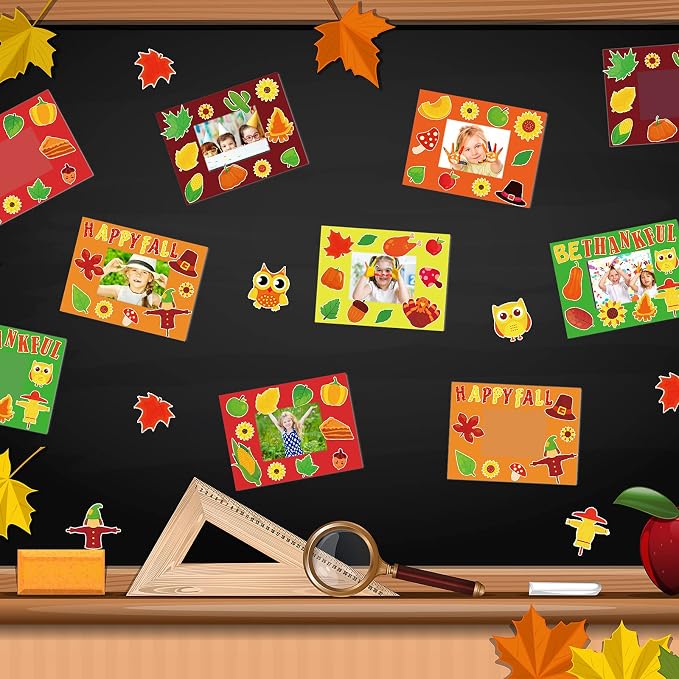 chiazllta 30 Packs Fall Picture Frame Craft Kits for, DIY Thanksgiving Pumpkin Maple Leaf Turkey Craft Autumn Holiday Art Favor Home Class Game Activities