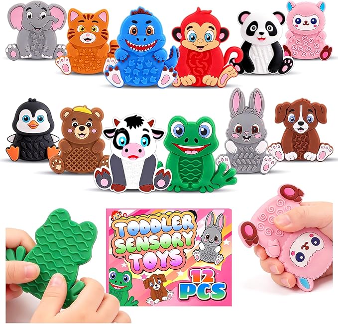 12 Pack Animal Texture Sensory Toys for Kids, Toddler Travel Toys for Airplane Car Roadtrip, Silicone Calming Autism Quiet Fidgets for Classroom, Birthday Gifts for Kids Toddlers
