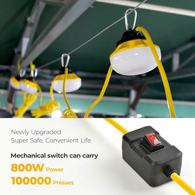 50FT 3-Prong Construction String Lights with Switch, LED Work Light, ETL Certified, IP65 Waterproof, Linkable up to 16 Sets, for Jobsite, Attic, Garage