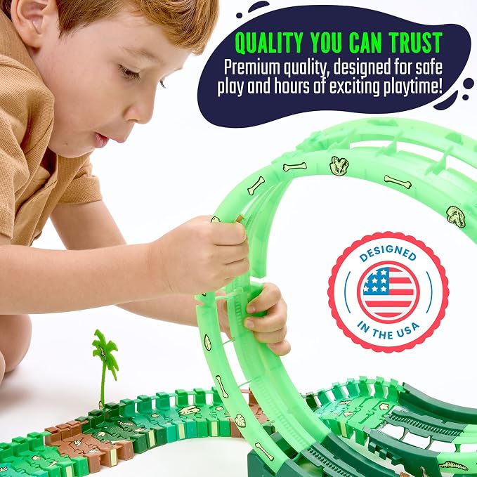Dinosaur Jurassic Race Track Glow in The Dark Toy Playset - Includes Dino Figures, Epic Loop & Jaw Tunnel Set - Birthday for Kids, Boys & Girls 3-8 Years Old