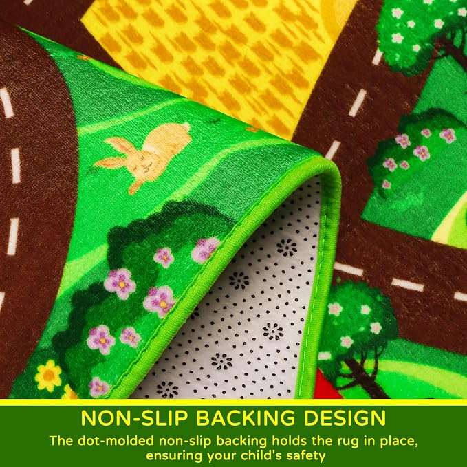 Kids Car Carpet,3'3" x 4'11" Car Rugs for Kids Toy Cars,Non-Slip Farmhouse Road Rug for Kid,Kid Room Race Track Rug,Pasture Track Mat Car Play Rugs for Playroom Bedroom Boys(for Age 2+)