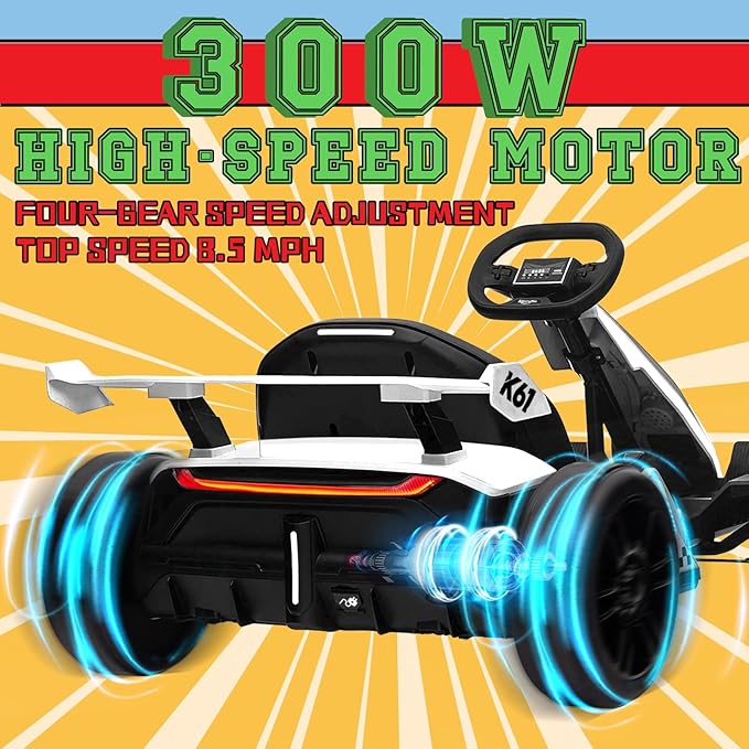 KerryYoo K61 Go Kart Electric Drift Kart with Length Adjustable Seat, 24V Outdoor Ride on Toy with 4 Speed Mode, Crazy Kart for Kids 6-12 Years Old, Fast 300W Motor, 8.5 MPH, Bluetooth - White