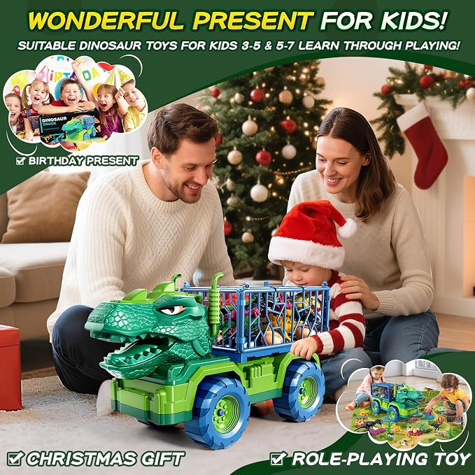 Dinosaur Cars Truck Toys for Kids 3-5 with 8 Dinosaur Figures, Activity Play Mat, Jurassic Play Set for Boys and Girls Ages 5-7