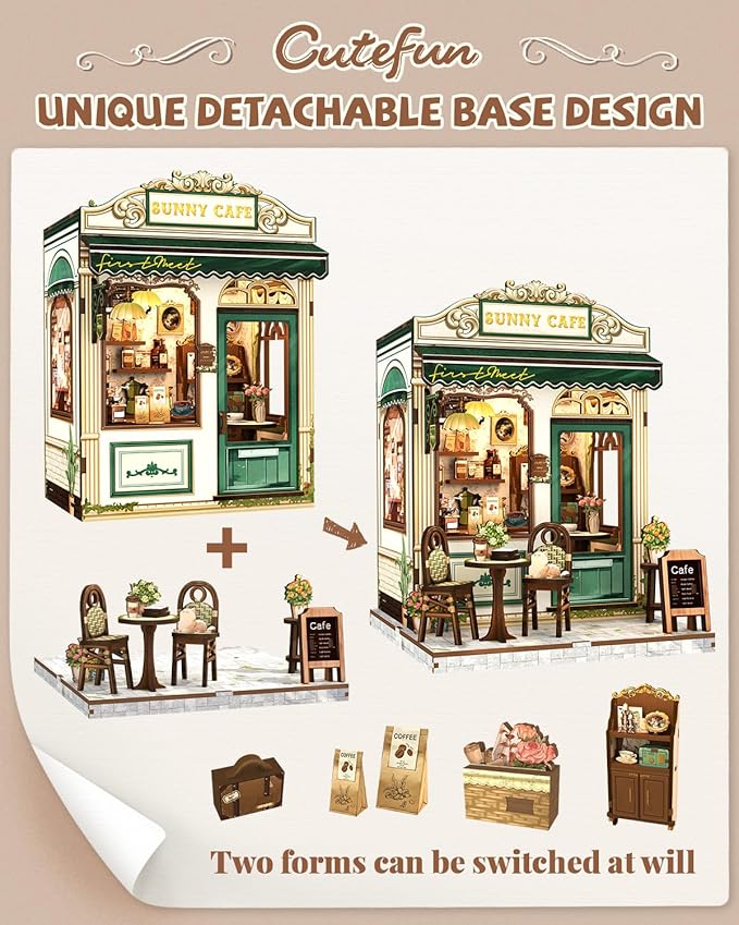Cutefun Book Nook Kit - DIY Miniature Coffee Shop Dollhouse Kit for Adults and Teens, 3D Wooden Puzzle Bookshelf Insert Decor with LED Light, Gifts for Book Lovers and Beginners (Sunny Cafe)