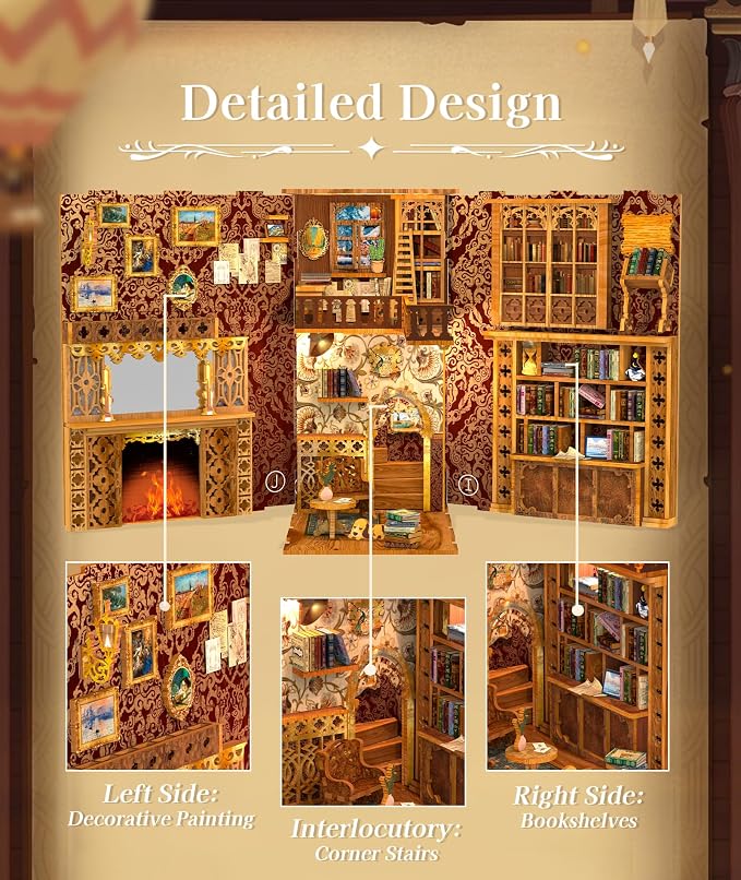 Cutefun Book Nook Kit Library, DIY Miniature Booknook Kit for Adults, 3D Wooden Puzzle Bookend Bookshelf Decor with LED Light & Dust Cover Christmas Crafts Gifts for Book Lovers (Eternal Bookstore)