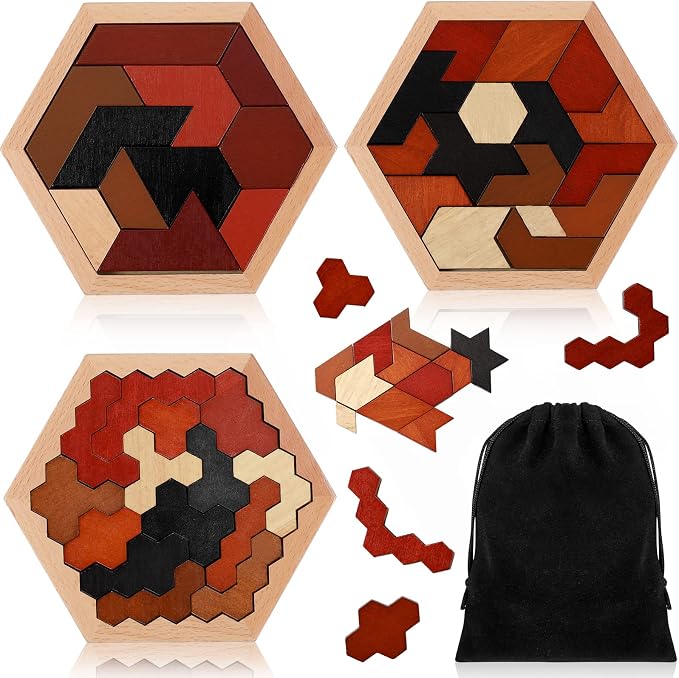 Yunsailing 3 Pack Large Hexagon Tangram Puzzle Wooden Brain Puzzles for Adult Challenge Wood Russian Blocks Brain Teasers Geometric Jigsaw Block Logic Iq Stem Family Graduation Gifts(Vintage)