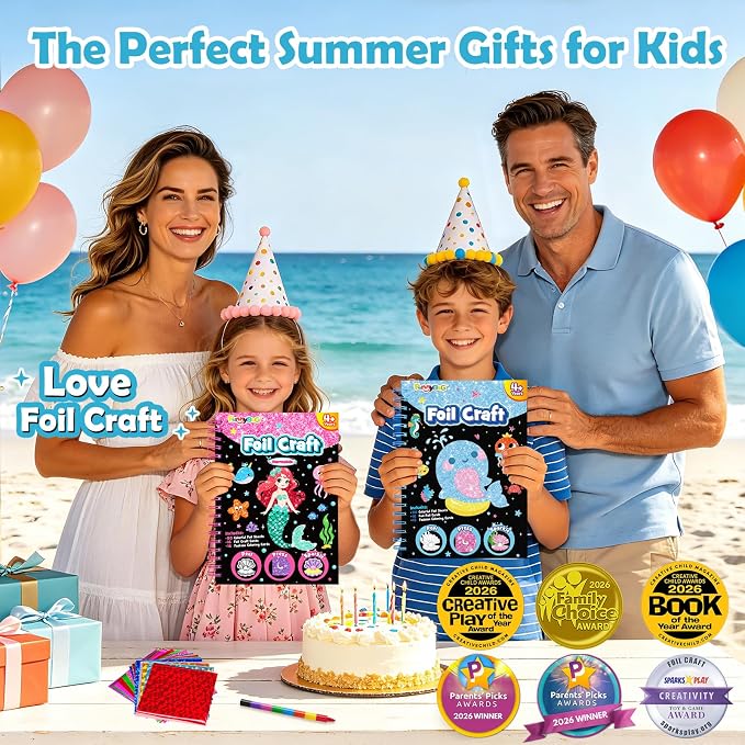 FUNNYB&G Foil Art Craft Kit for Kids 4-10 Years Old: Mess-Free & No-Glue, Create 16 Sparkly Ocean Pictures – Perfect Travel Toy & Birthday Gift for Kids (Ocean)