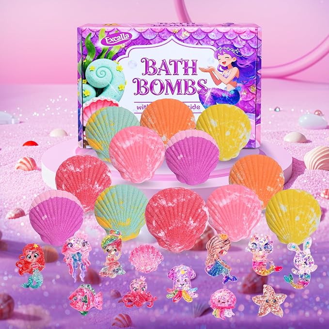 Bath Bombs for Kids with Surprise Toys Inside, 12 Pcs Kids Bath Bombs Gifts for Birthday Christmas Easter Party Favor, Handmade Shell Bubble Bath Kit with Mermaid Toys for 4 5 6 7 8 Year Old Girls