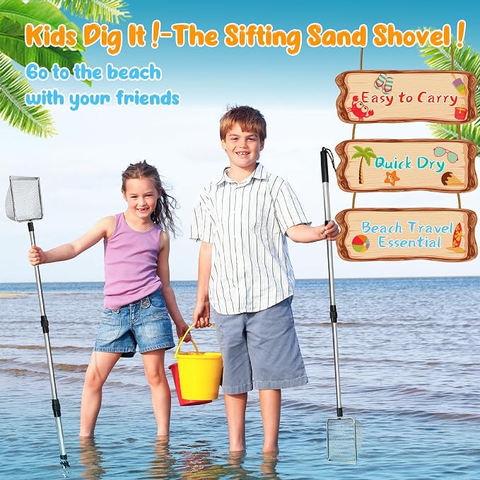 2 PCS Beach Mesh Shovel Sand Sifters, [50% Larger] Summer Enlarged Shark Tooth Sifter for Shell Collecting, Filter Sand Scooper Beach Tools for Adults and Kids