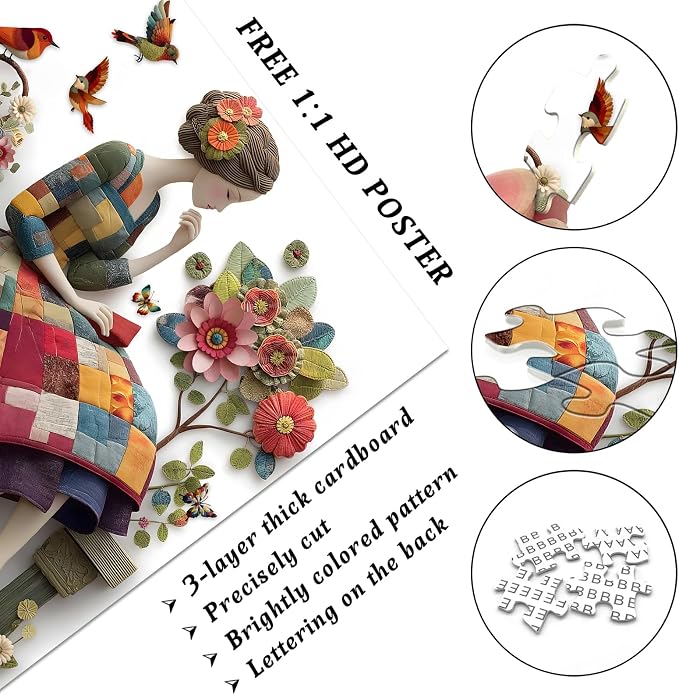 Floral Muse Jigsaw Puzzle 1000 Pieces for Adults, Patchwork Quilting Art Puzzle with Flowers Birds,Woman Flower Garden Themed, Handmade Style Sewing Puzzle Challenge