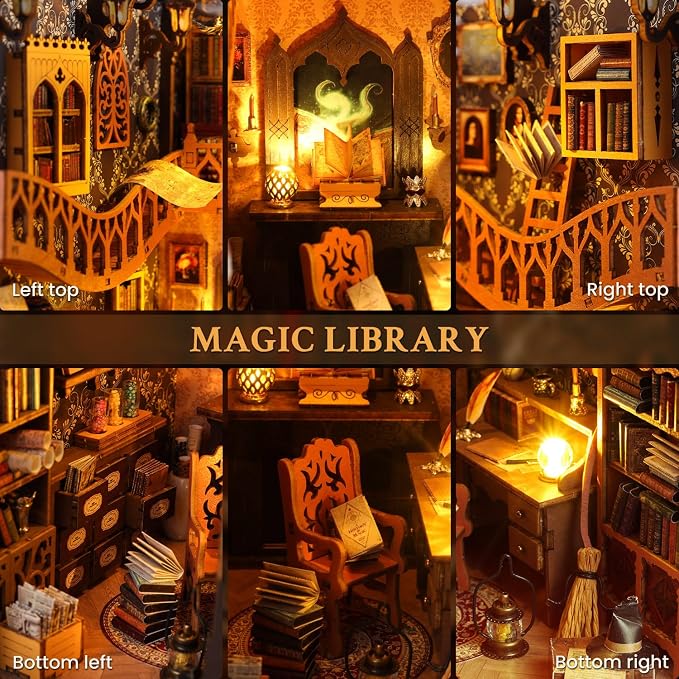 Book Nook Kit - DIY Miniature Dollhouse with LED Light, 3D Wooden Puzzle Kit for Adults & Teens, Library Shelf Decor (200+ Pieces)
