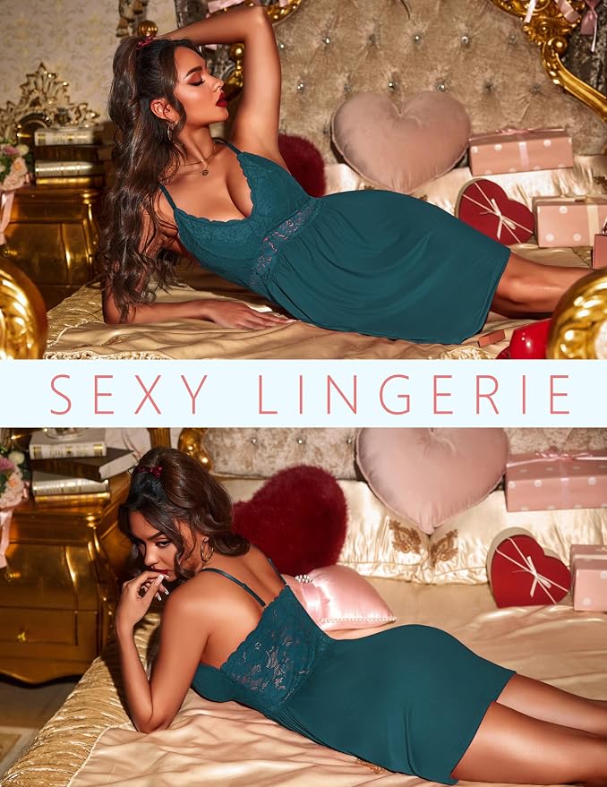 Ekouaer Lingerie for Women Sexy Nightgown Lace Trim Sleep Dress Chemise Nightgowns Sleeveless Night Gown Sleepwear S-3XL