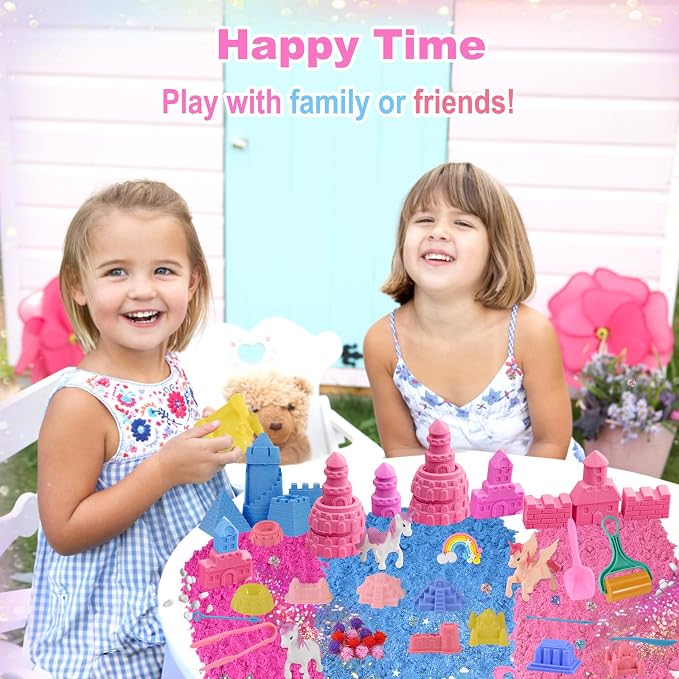Faburo 48Pcs Unicorn Sensory Bin Sand Kit Toy for Toddler Girls with 3 Unicorns, Unicorn Toys for Girls Age 4-6, 6 Castle Molds, 2.2Lbs Color Sand, Learning Toys Birthday Gift for Kids Age 3 4 5