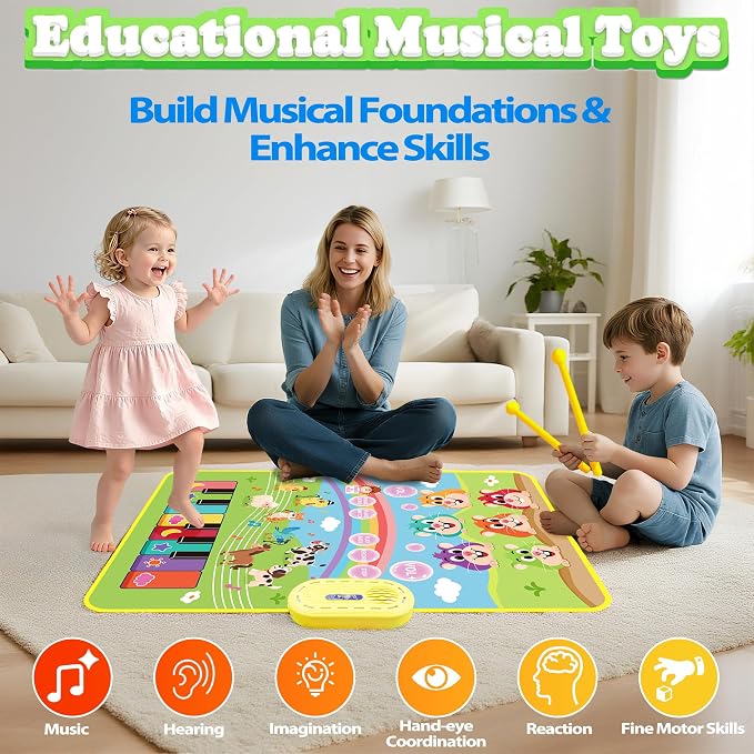 MOMUSE 3-in-1 Piano Music Mat for Kids, Whack-a-Mole Game Floor Play Mat with 30 Sound & Function Keys, Sensory Musical Toys for Girls Boys 3 4 5 6 7 8 9 Years Old