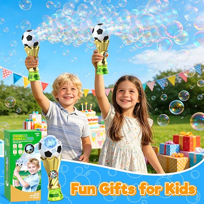 FUNBZO Bubble Machine for Kids - Soccer Trophy Bubble Wand with 2 Solution Refill, Automatic Bubble Blower, Bubbles Maker Blaster Outdoor Toys, 2026 Merchandise Birthday Gift for Boys Girls 3+