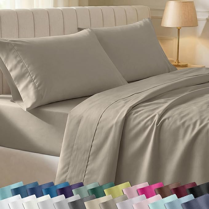 California Design Den Soft 100% Cotton Bed Sheets King Size Set, 400 TC Good Housekeeping Award Winner, Silky Smooth Sateen Weave with Deep Pockets, Breathable and Durable King Bedding Set - Taupe