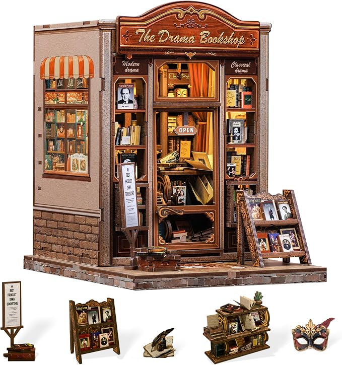 Cutefun Book Nook Kit - DIY Miniature Dollhouse Booknook Kit for Adults and Teens, 3D Wooden Puzzle Bookshelf Insert Decor with LED Light, Gifts for Family and Friends (The Drama Bookshop)