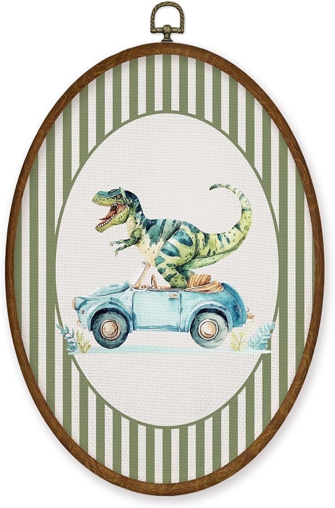 WULQYING Boy Nursery Dinosaur Car Wall Art Decor, Boys Room Oval Framed Canvas Art Prints, Green Striped Dino Dinosaur Wall Hanging Decor for Kid Toddler Boy Room Bedroom Playroom, 8.6x11.4 Inches