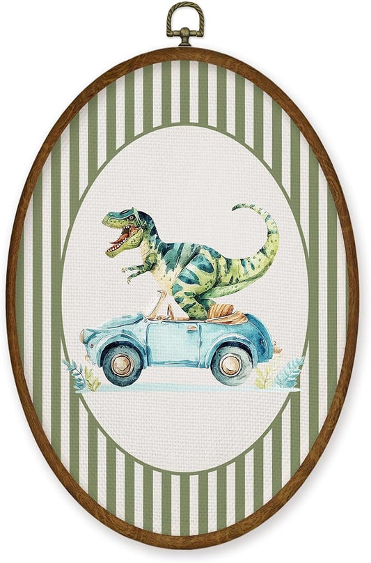 WULQYING Boy Nursery Dinosaur Car Wall Art Decor, Boys Room Oval Framed Canvas Art Prints, Green Striped Dino Dinosaur Wall Hanging Decor for Kid Toddler Boy Room Bedroom Playroom, 8.6x11.4 Inches