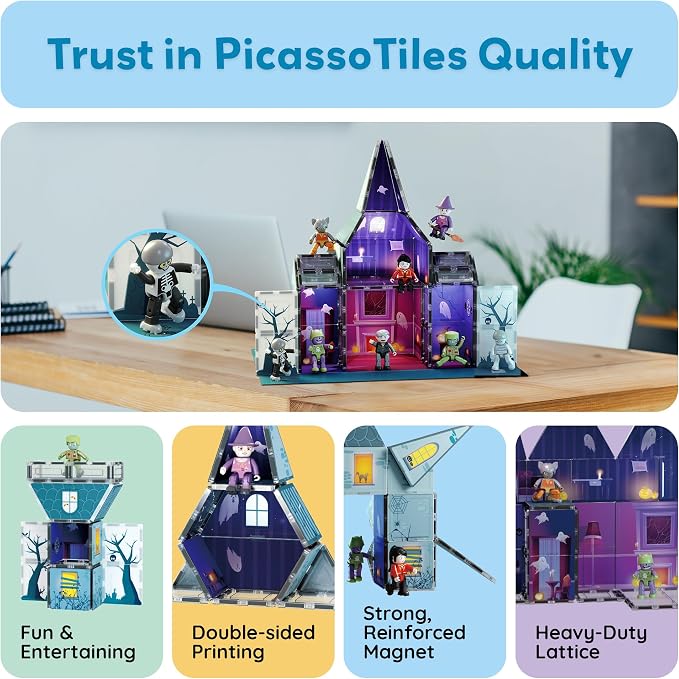 PicassoTiles Scary Haunted House Magnetic Tiles Building Block with 8 Halloween Theme Action Figure Magnet Construction Toy Kit Double-Sided Mansion STEM Playset Adventure Boys & Girls Ages 3+ PTQ03