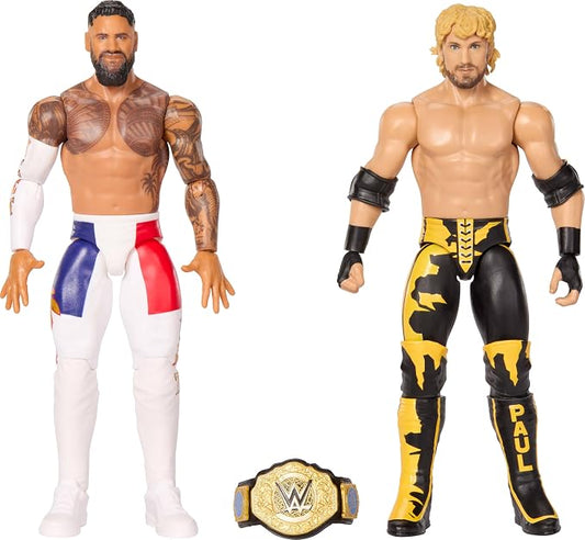 Mattel WWE Main Event Showdown Action Figures 2-Pack with Accessory, Series #27 Jey USO vs Logan Paul Collectible Set, 6-inch