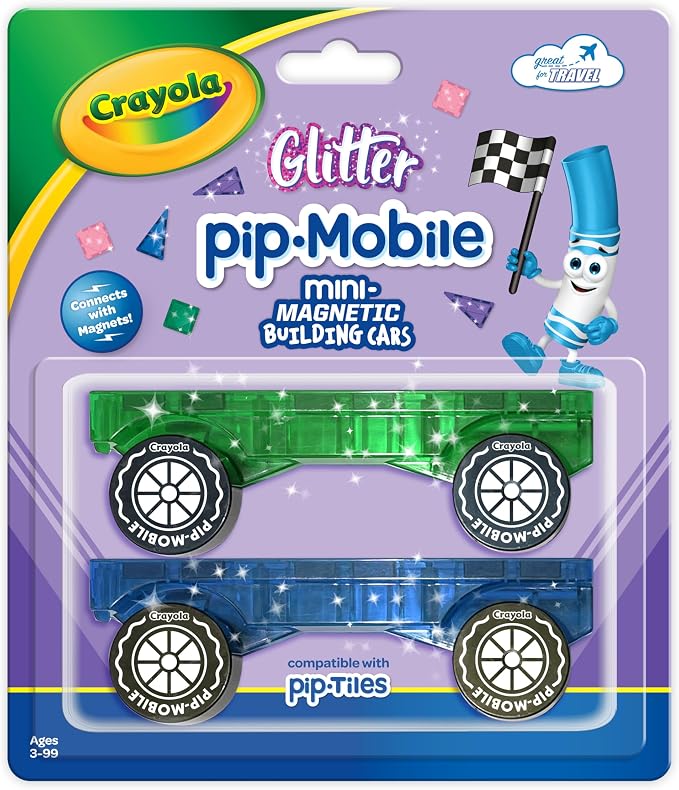Crayola PIP-Mobiles Rolling Chassis Accessory for Magnetic Building Tiles – Add Wheels to Crayola PIP-Tile Sets – STEM Learning Toy for Kids Ages 3+ – Creative, Educational Toy - 2-Pack (Glitter)