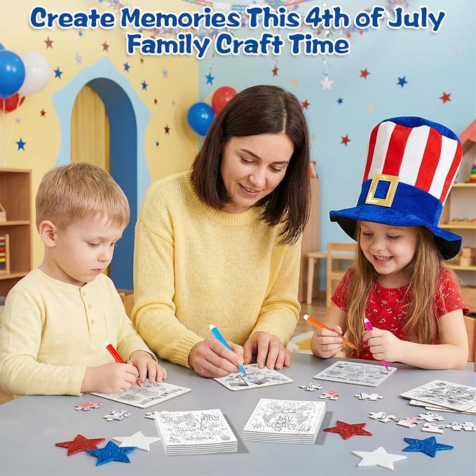 Fennoral 24 Pack 4th of July Craft Kit for Kids Color You Own Patriotic Jigsaw Puzzle with Base DIY Coloring Independence Day Art and Craft for Classroom Activity Party Favor Supplies,4.7inch